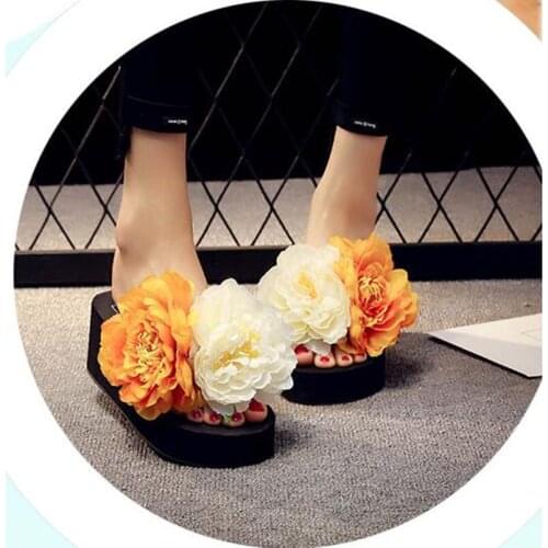 HAHAFLOWER New Fashion Pink Blue Flowers Slippers Women Wedge Slides Beach Flip Flops Summer Shoes Casual Sandals