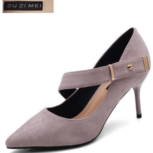 Woman basic High Heels Wedding Shoes Flock shallow Pointed Toe Classic Thin Heels 7CM Buckle Strap Women Pumps