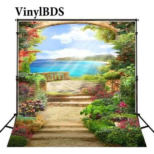 VinylBDS Background 8X8FT Romantic Backgrounds Flower Garden Backgrounds Photography Scenic Backdrops Sea Backdrop Backgrounds