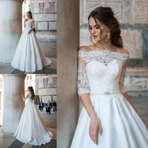2019 Vintage Wedding Dress Half Sleeves Off the Shoulder Lace Applique Beaded Sash Sweep Train Vestido De Novia