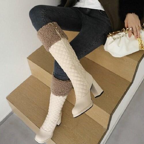 ZawsThia 2021 New Winter Russian Warm Faux Fur Fleece Women Shoes Quilted Pattern Block High Heels Platform Knee High Snow Boots