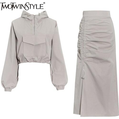 TWOTWINSTYLE Solid Casual Skirt Suit For Women Hooded Long Sleeve Patchwork Top High Waist Fold Pleated Skirts Female Sets 2021