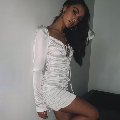 2019 New Pure Color Frenulum Deep V-neck Long Sleeves Bodycon Fold Dress Women Backless White Color Fashion Women Mini Dress