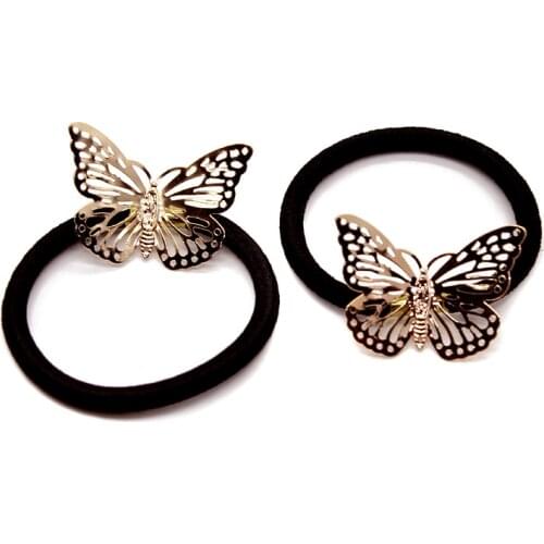 1 Pair Charm Golden Vintage Metal Hollow Butterfly Head Elastic Band Hair Tie Ponytail For Women Hair Accessories Girls Hairwear