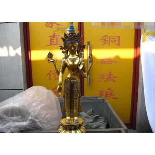 Fast shipping USPS to USA S2894 Tibet Buddhism Folk Copper Bronze gild Four-armed Avalokitesvara Buddha Statue