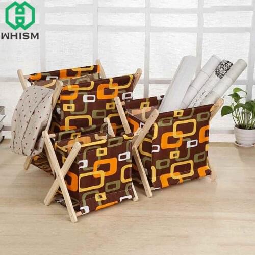Folding Storage Rack Jewelry Cosmetic Organizer Floral Cloth Laundry Storage Holder with Wood Simple Desktop Sundries Container