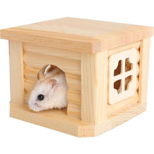 1pc Natural Wooden Cabin Hamster House Flat Roof Pet Playing Toy Cage Ornament