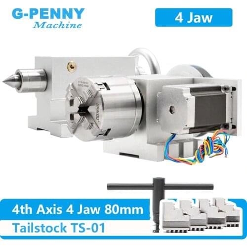 4 Jaw 80mm 4th Axis+Tailstock CNC dividing head Rotation Axis/ A axis kit for Mini CNC router/engraver wood working engraving