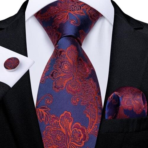 Red Floral Blue Ties For Men Fashion Design Men' Wedding Party Neck Tie Pocket Square Cufflinks Men Accessories Ties Gravata