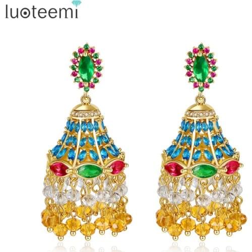 LUOTEEMI Ethnic Indian Bohemian Bridal Drop Earrings for Women Wedding Bridal Party Beads Tassel Pendientes Femme Christmas Gift