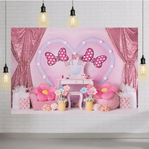 Cartoon Mouse Happy Birthday Party Poster Background Pink Princess Cute Girl Backdrops Baby Shower Event Banners
