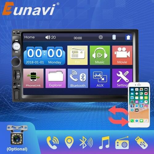 Eunavi 2 Din radio MP5 Multimedia Player Apple Carplay 7" HD Touch Screen Bluetooth Handsfree USB Head Unit Mirror Link USB TF