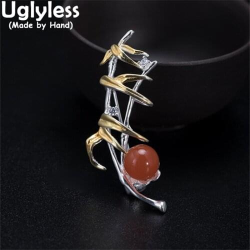 Uglyless China Chic Bamboo Leaves Brooches for Women 925 Silver Bamboo Pins Natural Agate Men Ethnic Dress Brooches Gemstones