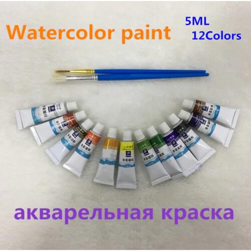 5ML 12 Colors Tubes Set Watercolor Paints Professional Water Paint Hand Painted Canvas Pigment Art Supplies Free 2 Brush