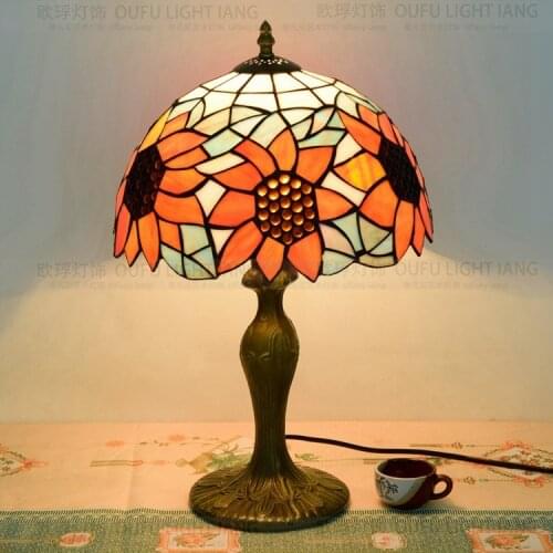 12 Inch sunFlowers Tiffany Table Lamp Country Style Stained Glass Lamp for Bedroom Bedside Lamp E27 110-240V