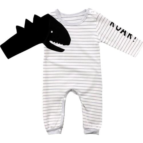 New Autumn Newborn Baby Boys Girls Cute 3D Dinosaur Romper Long Sleeve Striped Jumpsuit Outfits Set Clothes