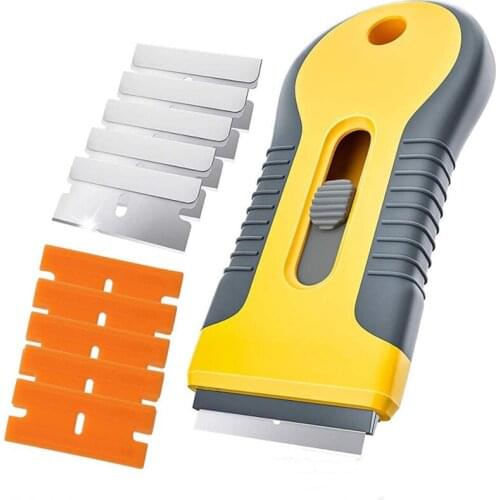 Tint Wrap Glue Squeegee Remover Cleaner Ceramic Glass Car Window Viny Film Sticker Cleaning Razor Scraper + 10pcs Razor Blade