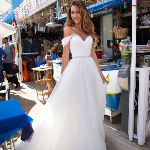 Off Shoulder Sweetheart Beads Lace Up Tulle A-Line Wedding Dress 2021 Vestido De Noiva Bridal Gown