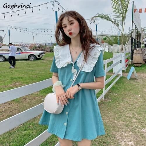 Short Sleeve Dress Women Solid Peter Pan Collar Fashionable Loose Sweet Chic Students Preppy Style Lovely Simple Casual Trendy