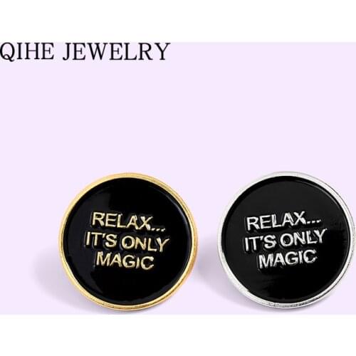 Relax Magic Enamel Pin Black Round Tag Simple Letters Quote Badge Lapel Pin Buckle Fashion Jewelry Brooches Gift For Women Men