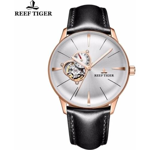 Reef Tiger/RT 2021 Luxury Casual Mechanical Watches With Genuine Leather Strap Rose Gold Tourbillon Convex Lens Automatic Watch