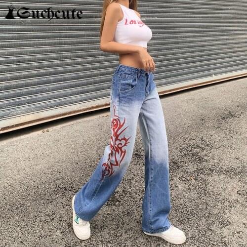 SUCHCUTE Gothic Print Baggy Jeans Capris Women Streetwear Punk Style Wide Leg Pants High Waist 90s Casual Denim Trousers