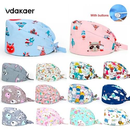 Tieback Pet medical Scrub pharmacist clinic hat Dentist lab cap nurse Surgical working caps nursing hat with button scrub cap