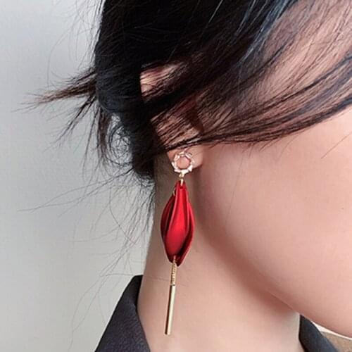 TIMEONLY beautiful red color Flower petal Dangle Earrings golden metal stick earring gifts for women Girls Romantic Accessories