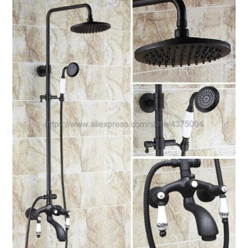 Bathroom Black Oil Rubbed Brass Shower Faucet 8" Rainfall Shower Head with Hand Shower Cold and Hot Water Faucet Nhg136