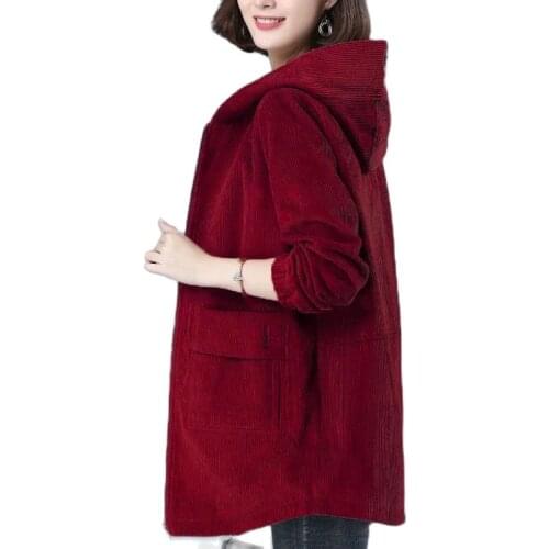 Corduroy Hooded Jacket Women Mid-Long Spring 2021 Autrumn Korean Plus Size Middle Aged Mother Windbreaker Loose Wild coat 492