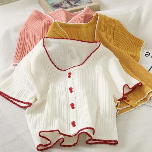 HELIAR Knitted T- Shirts Women V-Neck Short Sleeve Buttoned Up Flounce Hem Casual Streetwear Crop Tees Women 2021 Tops Summer