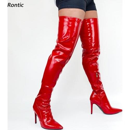 Rontic New Fashion Women Winter Thigh Boots Side Zipper Thin High Heels Pointed Toe Gorgeous Red Night Club Shoes US Size 5-15