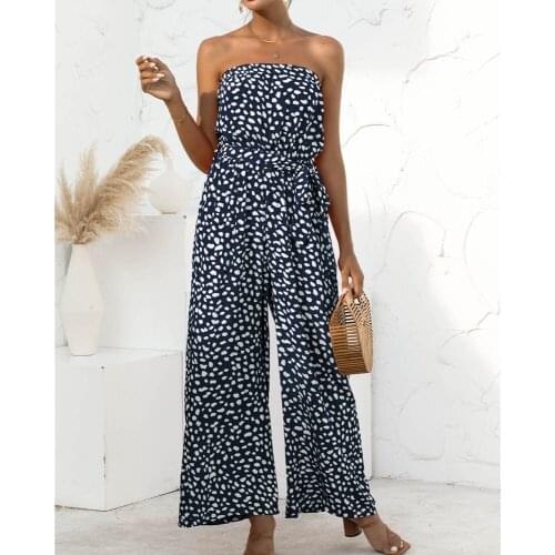 Wide Legs Strapless Backless Dress Sexy Heart-shaped Dot Print Lace-up LooseTrousers Sashes Summer Long Jumpsuit платье летнее