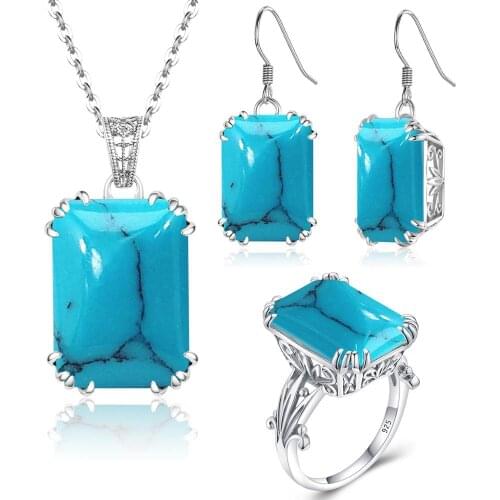 Bridal Jewelry Sets For Women Sterling Silver 925 Ring Earring Pendant Big Turquoise Gemstone Bohemian Jewelry Christmas Gift