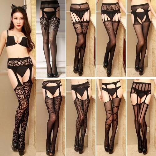 StylishBar Women Sexy Lingerie Lace Stockings Net Garter Belt Stripe Elastic Black Fishnet Stocking Thigh Sheer Tights Pantyhose