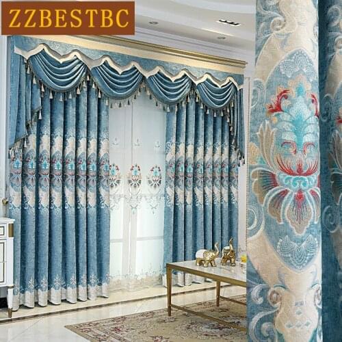 ZZBESTBC European Luxury Blue Chenille Blackout Thick Curtains Tulle for Living Room Kitchen Bedroom Custom Curtains