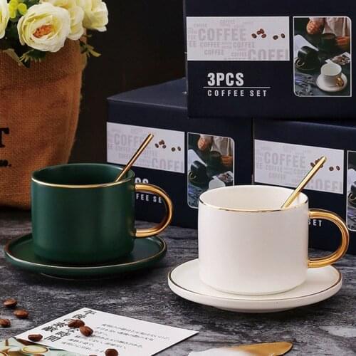 1 Set Creative Gold Handgrip Ceramic Coffee Mug Cup and Saucer Spoon Set With Box Handmade Big Pottery Tea Cup Travel Kitchen
