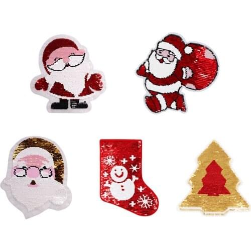 2PCS Christmas Stockings Santa Claus Sequins Applique Sew On Patch DIY Embroidered double-faced Reversible Festive Decoration