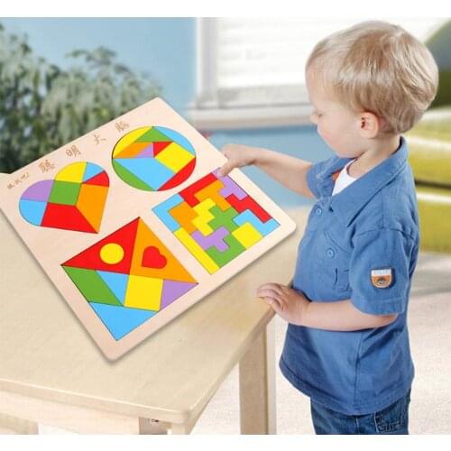 2019 New Wooden Puzzle Tangram Tetris Set Kids Early Educational Game Brain Teaser Puzzles Toy for Children