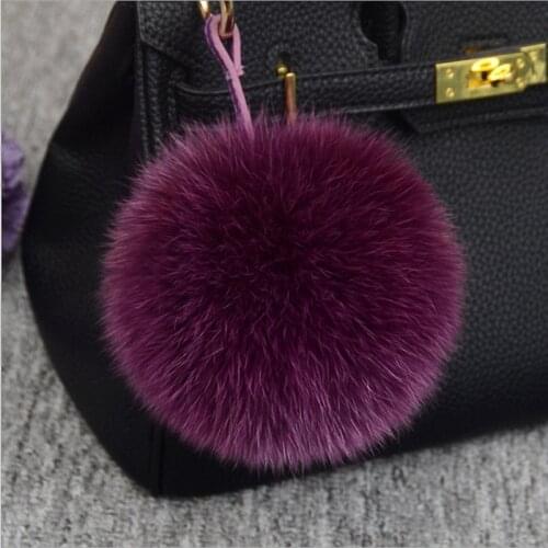 13-15cm Luxury Fluffy Real Fox Fur Ball Pom Pom Plush Size Genuine Fur Key Chain Metal Ring Pendant Bag Charm K010-purple