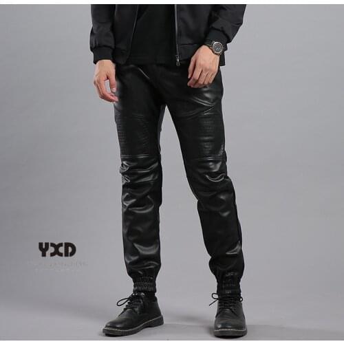 New Mens Hip Hop Leather Pants Male Pilot Motorcycle Riding Trousers Man Cargo Harem Pants Mens Fashion Casual Streetwear Pants
