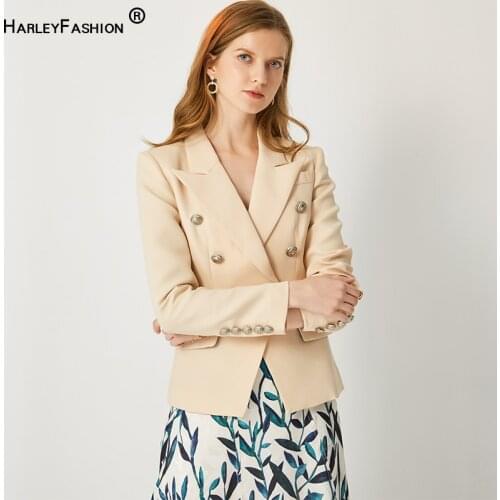 Spring Autumn Design European American Solid Beige Jackets Double Breasted Buttons Skinny Fit Blazers Plus Size High Quality