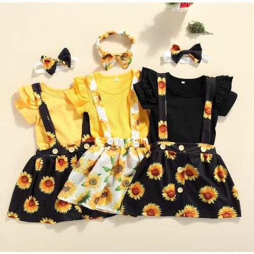 FOCUSNORM 3pcs Infant Baby Girls Clothes Sets 1-4Y Ruffles Sleeve T Shirts Sunflowers Printed Suspender Skirt Headband