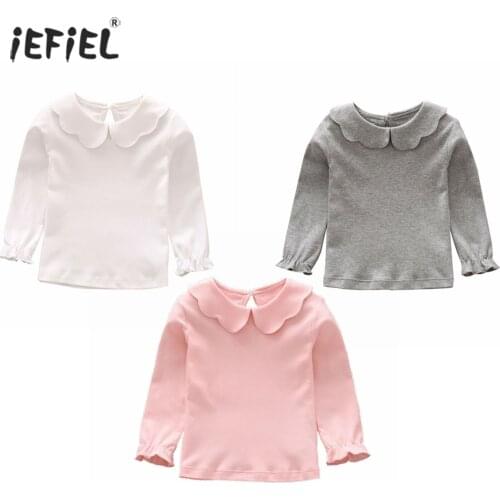 Baby Girls Ruffle Long Sleeve T-shirt Doll Collar Baby Girl Solid 100% Cotton Top T-shirt Tees Autumn Childrens Blouse Clothing