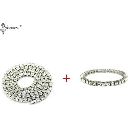 Hiphop Choker Bling Iced Out Rhinestone Chain Necklace For Men 5mm Width Gold Silver Color 1 Row Tennis Necklace Bracelet Set