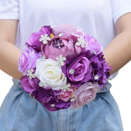 Fake Flowers Purple Silk Penoy Flowers Wedding Bridal Bouquet Rose Artificial Flowers for Garden Party Home Decoration ramos