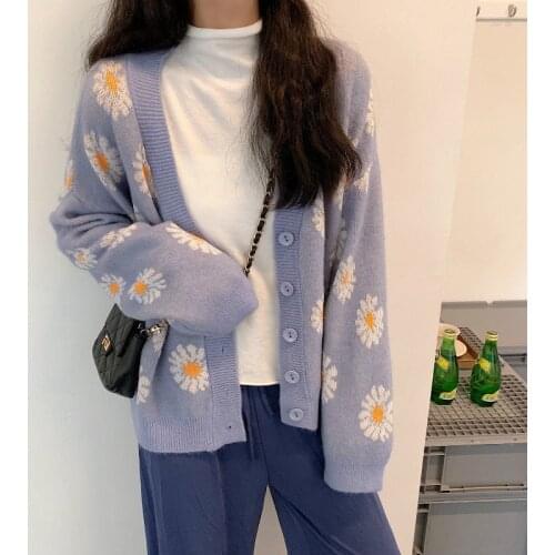 Floral Cardigan Women 2021 Autumn Winter Korean Style Daisy Flowers Printed Sweater Single Breasted Loose V Neck Jumper Knitwear