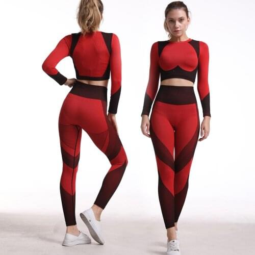 Long Sleeve Trainer Seamless Crop Top Yoga Pants Fitness Suit Sports Suit Red Gym Set Women High Elastic Clothes Fitness Waist
