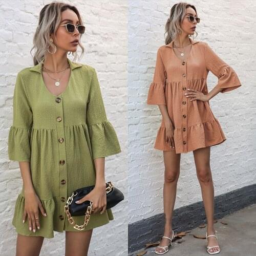 Fashion A-line Dresses Women 2021 New Summer Solid Lapel Mid-sleeve Loose Pleated Shirt Dress Girl Casual Button Ruffle Vestidos