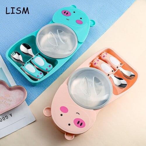 304 Stainless Steel Fork Spoon Set Cute Carton Bowl Children PP Plastic Spoon Fork Lovely Dinnerware Set With Detachable Bowl